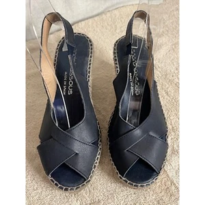 Andre Assous Women's Black Leather Espadrille Wedge Sandals Size 7 Made in Spain - Picture 1 of 11