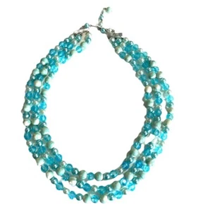 1950’s Mid Century Multi Strand Beaded Necklace, 3 Strands, Blue/Aqua Tones - Picture 1 of 4