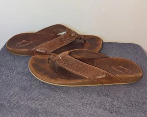 Olukai Nui Sandals Mens Size 9 M Brown Leather Thong Slip On Comfort - Picture 1 of 11