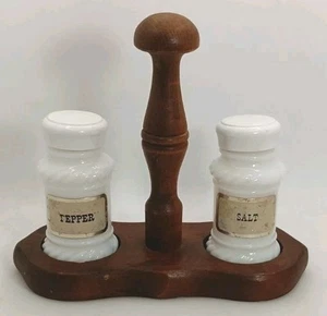VTG Milk Glass Salt and Pepper w/ Wood Caddy & Plastic Lids - Picture 1 of 8