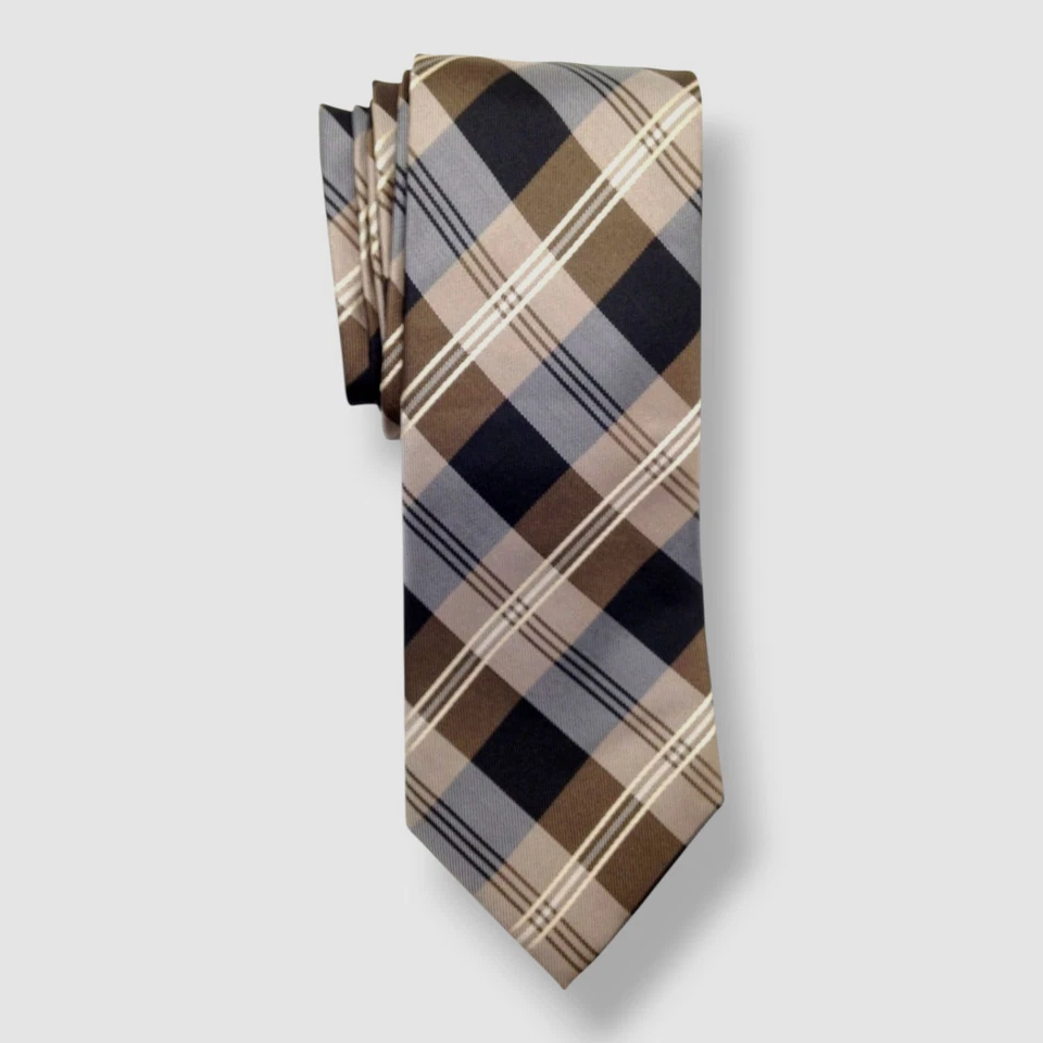 Corbata para hombre Countess Mara gris marrón a cuadros delgada seda 58x3,25 Foto 1 de 1