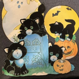 Vintage Cat Halloween Die Cut Wall Decor Flocked DAMAGED - Picture 1 of 18