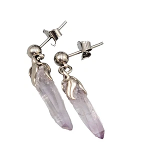 Vintage lila Kristall Splitter Ohrringe silberfarben Hänger 1 Zoll - Bild 1 von 10