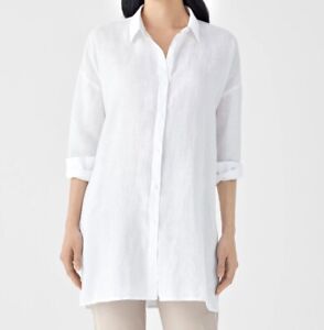 Eileen Fisher Womens Long Shirt Button Up High Slit White Medium Linen/Cotton