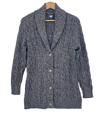 Lands’ End Women's Cable Knit Cardigan Sweater Small Petite Black and White - Image 1 of 4