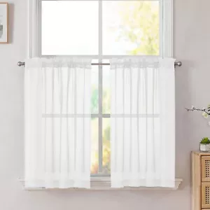 Simplebrand White Short Sheer Kitchen Cafe Curtains 36-42 Inch Tier Rod Pocke... - Picture 1 of 8