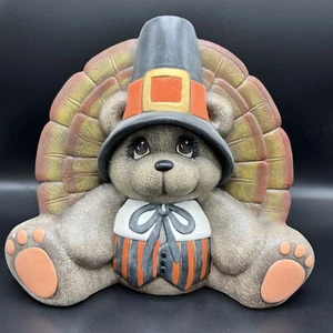 Thanksgiving Teddy Bear Pilgrim /Turkey Figurine Ceramic Vintage Hand Painted - Picture 1 of 13