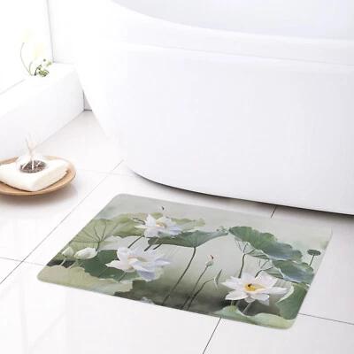Green Botanical Leaf White Floral Grey Bath Mat Kitchen Floor Rugs 24x16 Inch - Image 1 of 4