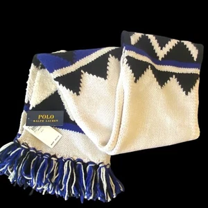 Polo Ralph Lauren Scarf 100% Wool Geometric Nordic Knit Fair Isle NEW Blue Black - Picture 1 of 21