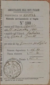 RACCOLTA RICEVUTE VAGLIA POSTALE POSTE ITALIANE MONEY ORDER DRAFT 1881 POSTAGE - Imagen 1 de 1