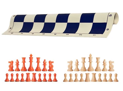 Orange & Natural Chess Pieces 20" Navy Vinyl Board - Single Weight Chess Set - Image 1 of 4