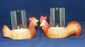 Klima Pair of Porcelain Chicken Candle Holders with Glass Brown L700 - Picture 1 of 1