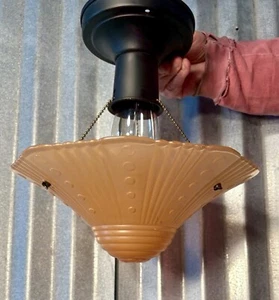 Antique Art Deco Glass Ceiling Light Cover Lamp Shade 3-Chain Flared Ribs Amber - Picture 1 of 10