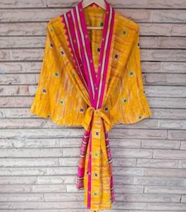 Bata midi kimono de seda pura hasta la rodilla vestido kimono de seda amarillo MKMO1616 - Imagen 1 de 8