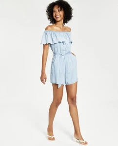 Charter Club Women's Off-the-Shoulder Chambray Romper Frost Wash Size S - Picture 1 of 3