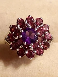 Amethyst 6mm, & Rhodolite Garnets, 14KWG Plate Sterling Silver 925, size 8 - Picture 1 of 15