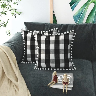 Buffalo Check Throw Pillow Cover with Pom-poms Plaid Gingham Retro Farmhouse ... - Image 1 of 4