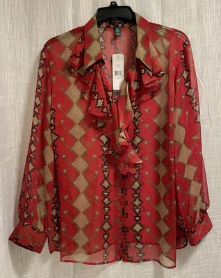 NUEVO CON ETIQUETAS Lauren Ralph Lauren Mujer 3X Camisa Manga Larga con Volantes Transparentes Roja Negra Tostada Foto 1 de 4