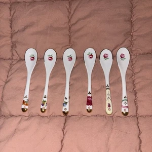Juego de 6 cucharas de porcelana blanca NORITAKE Rosalie de colección con adornos florales dorados. 1948-55 - Imagen 1 de 4