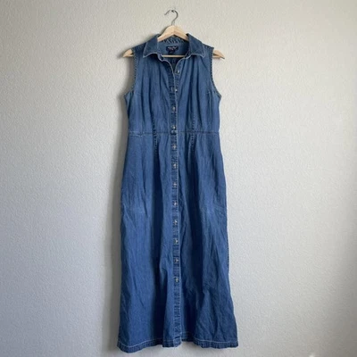 Eddie Bauer Dress Womens 10 Blue Denim Shirt Dress Button Front Sleeveless Maxi - Image 1 of 4