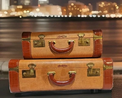 Vintge Super Fortress Woven Luggage w/Leather Trim Snapbags Brass Hardware Satin - Image 1 of 4