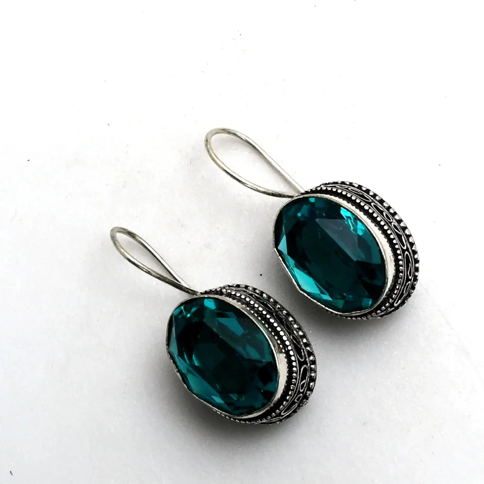 Brincos pendurados em gota de pedra preciosa apatita design antigo joias 1,4" AE-12541 - Imagem 1 de 1