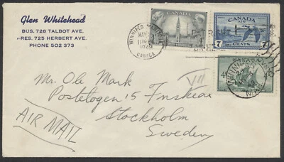 1949 Foreign Destination Cover Winnipeg MAN to Sweden 15c Airmail Rate - Изображение 1 из 2