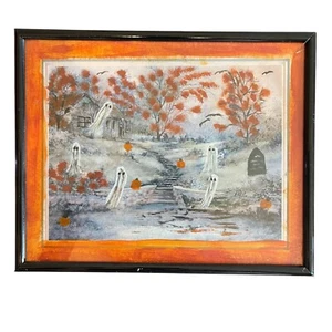 Pintura Fantasmas Halloween - Arte Embrujado Pintado a Mano Enmarcado Estilo Vintage - Imagen 1 de 7