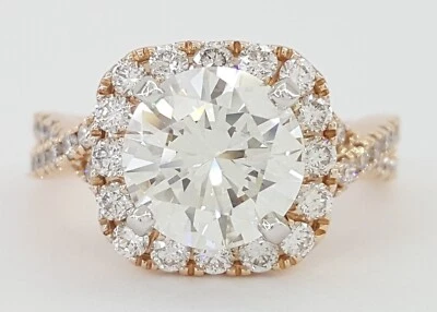 Anillo de compromiso redondo con halo cruzado de diamantes 2,9 quilates 14K rosa venta al por menor 42K USD Foto 1 de 4