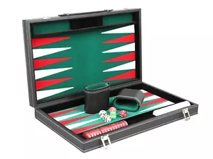 BACKGAMMON SET LEATHER TRAVEL MALACHITE GREEN INLAID VELVET CASE GAME SET 18" - Picture 1 of 6