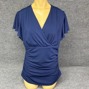 Grace Karin Womens Top M Blue Wrap VNeck Ruched Short Ruffle Sleeves Stretch - Picture 1 of 19