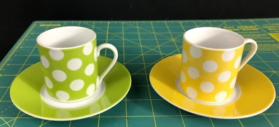 Pair of Yellow & Green Polka Dot Espresso Cups & Saucers by CLASSIC COFFEE & TEA - Image 1 of 4