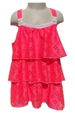 NEW Girls Rewind Floral Lace Ruffle Square Neck Tank Top Pink Size M (10/12) - Image 1 of 2