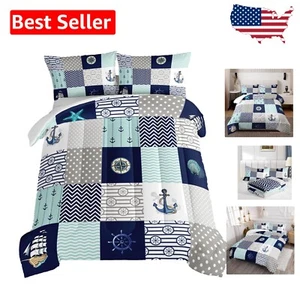 Kids & Adults Nautical Patchwork Bedding Set - Twin Comforter with Pillow Cases - Picture 1 of 8