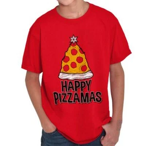 Funny Merry Christmas Happy Pizzamas Tree Youth Crewneck T Shirts Boy or Girl - Picture 1 of 7