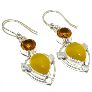 Yellow Chalcedony Citrine Quartz Gemstone Silver Plated Earrings Jewelry 1.5" - Picture 1 of 1