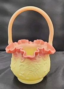 Fenton Burmese Satin Wild Rose Bowtie Basket 9 1/2" T - Picture 1 of 7