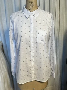 Maurices Womens White Cotton /tiny Anchor Print L Sleeve Shirt Sz S Pre-owned  - Picture 1 of 10