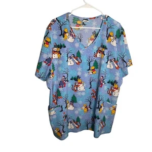 Disney Winnie the Pooh Nurse Scrub Top Women's 3XL Blue Winter Holiday - Picture 1 of 8