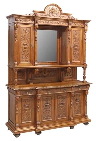 Antique Sideboard, Italian Fruit & Hounds, Carved Wood, Walnut, Mirror,  1800s!! Cover