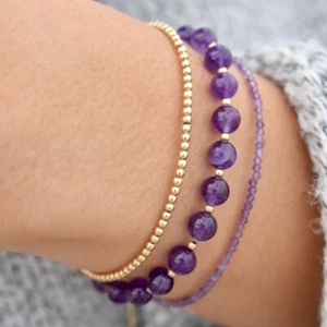 Purple Amethyst Plain Round Gemstone 5-6MM Beads Handmade Women Bracelet 6-8" - Picture 1 of 8