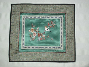 Antique Chinese Hand Embroidered Silk Bird Panel ~10" x 11"~ Green ~ Smoke free - Picture 1 of 7