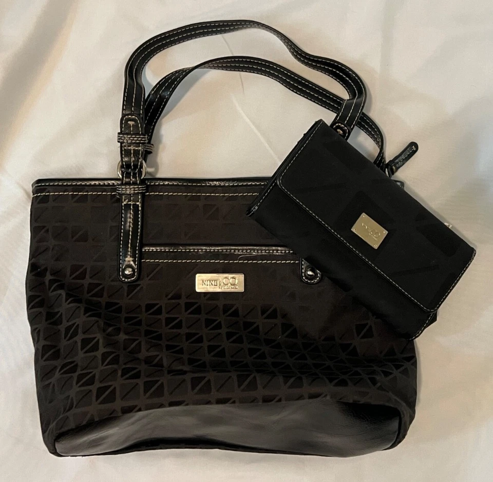 Nine & Co. Black Geometric Handbag zippered top w/ Matching Wallet  - Image 1 of 4