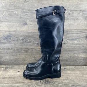 Zara Leather Buckle Straps Knee High Cowboy Boots Women's Size 6.5 US Black - Picture 1 of 10