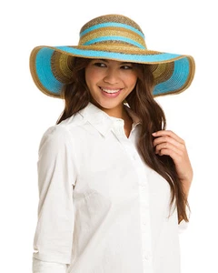 NWT BIG BUDDHA striped straw floppy sun summer beach hat wide brim metallic - Picture 1 of 1