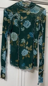 Free People Charlie Printed Long Sleeve Green Combo Mesh Top Ruffled Edge MEDIUM - Picture 1 of 8