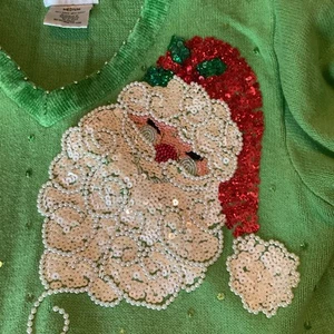 The Quaker Factory W Sz L Vintage Sequence Beaded Christmas Santa Mint Green - Picture 1 of 8