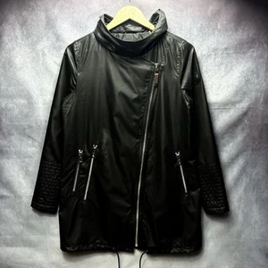 Rudsak Lavena Women's Black Moto Coat Size M Asymmeterical Zip Lined Hooded - Picture 1 of 10