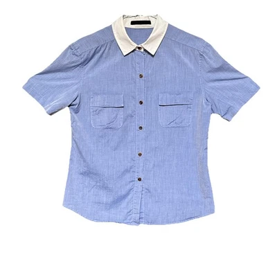 Jenni Kayne Size M Button Down Short Sleeve Shirt Blue White Pockets - Image 1 of 4