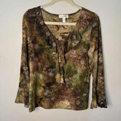 Blusa DressBarn marrom verde tingida floral babado fada L caprichoso glitter Y2K - Imagem 1 de 4